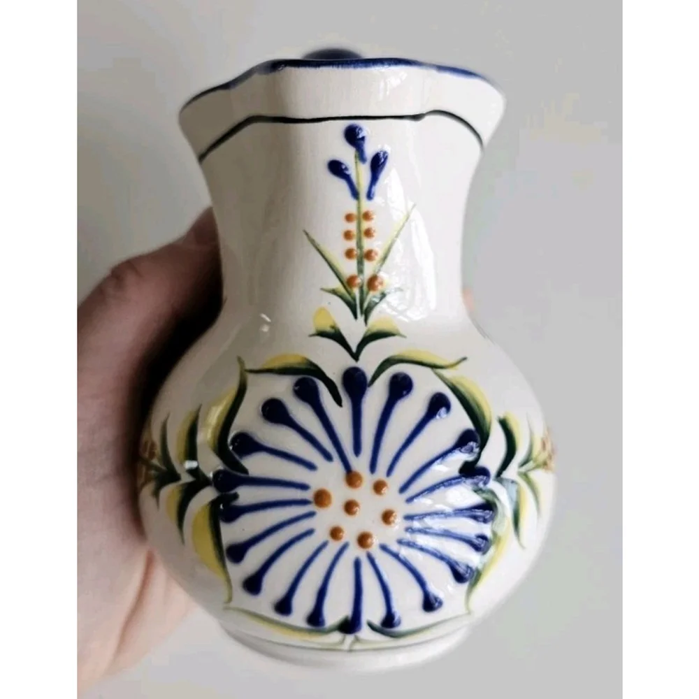 Mexican Ceramic Floral Pitcher | Hand Applied Raised Slip | Signed H Mex Acosta